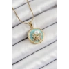 316L Çelik Zincir Zirkon Taşlı Turkuaz Sanatsal Portre İnci Detaylı Kelebek Model Gold Renk Kadın Kolye