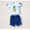 6-9 9-12 12-18 Ay Ananas Nakışlı Kısa Kollu Sweatli Şortlu 2Li Kız-Erkek Bebek Takımı Mavi
