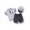 6-9 9-12 12-18 Ay Vip Yaka Şapkalı Kısa Kollu Sweat 3Lü Erkek Bebek Takımı Gri