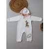 6-9 9-12 Ay Ef Çizgi Boy Fermuarlı Zürafa Nakışlı Kapşonlu Kız Erkek Bebek Tulumu Ekru