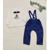 9-12-18 Ay Papyonlu Sweat Kot Pantolon 2Li Erkek Bebek Salopet Takımı Lacivert