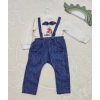 9-12-18 Ay Papyonlu Sweat Kot Pantolon 2Li Erkek Bebek Salopet Takımı Lacivert