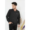Baskılı V Yaka Uzun Kol Dokuma Triko - Füme