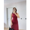 BÜRÜMCÜK KUMAŞLI İÇİ ASTARLI ÜZGÜLÜ KOLSUZ BÜZGÜLÜ UZUN ELBİSE - KIRMIZI