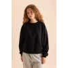 Coool Oversize Geniş Kalıp Bisiklet Yaka Basic Düz Kalın Siyah Sweatshirt