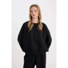 Coool Oversize Geniş Kalıp Bisiklet Yaka Basic Düz Kalın Siyah Sweatshirt