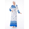 Düz Bisiklet Yaka Kadın Mavi Etnik Desenli Elbise