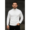 Erkek Balıkcı Yaka Bağazlı Triko Kazak Pamuklu Kalın Fitilli Dokuma, Regular Fit Uzun Kollu Kışlık Model - Beyaz