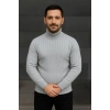 Erkek Balıkcı Yaka Bağazlı Triko Kazak Pamuklu Kalın Fitilli Dokuma, Regular Fit Uzun Kollu Kışlık Model - Gri