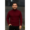 Erkek Balıkcı Yaka Bağazlı Triko Kazak Pamuklu Kalın Fitilli Dokuma, Regular Fit Uzun Kollu Kışlık Model - Bordo