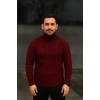 Erkek Balıkcı Yaka Bağazlı Triko Kazak Pamuklu Kalın Fitilli Dokuma, Regular Fit Uzun Kollu Kışlık Model - Bordo