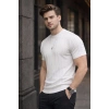 Erkek Bisiklet Yaka Dikine Çizgi Detaylı Yazlık Kısa Kollu Triko Tişört Beyaz