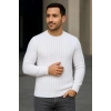 Erkek Bisiklet Yuvarlak Yaka Triko Kazak Pamuklu Kalın Fitilli Dokuma, Regular Fit Uzun Kollu Kışlık Model - Beyaz