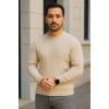 Erkek Bisiklet Yuvarlak Yaka Triko Kazak Pamuklu Kalın Fitilli Dokuma, Regular Fit Uzun Kollu Kışlık Model - Bej
