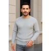Erkek Bisiklet Yuvarlak Yaka Triko Kazak Pamuklu Kalın Fitilli Dokuma, Regular Fit Uzun Kollu Kışlık Model - Gri