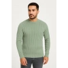 Erkek Bisiklet Yuvarlak Yaka Triko Kazak Pamuklu Kalın Fitilli Dokuma, Regular Fit Uzun Kollu Kışlık Model - Mint Yeşili
