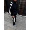 Erkek Çift Şeritli Eşofman Takım Dik Yaka Fermuarlı Sweatshirt Boru Paça Alt, Oversize 3 iplik Pamuklu - Siyah