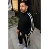 Erkek Çift Şeritli Eşofman Takım Dik Yaka Fermuarlı Sweatshirt Boru Paça Alt, Oversize 3 iplik Pamuklu - Siyah