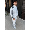 Erkek Çift Şeritli Eşofman Takım Dik Yaka Fermuarlı Sweatshirt Boru Paça Alt, Oversize 3 iplik Pamuklu - Beyaz