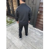 Erkek Çift Şeritli Eşofman Takım Dik Yaka Fermuarlı Sweatshirt Boru Paça Alt, Oversize 3 iplik Pamuklu - Siyah