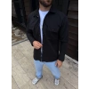 Erkek Diagonal Kumaş Cepli Çıtçıtlı uzun Kollu, Gömlek Oversize Rahat Kalıp Günlük Şık Stil - Siyah