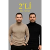 Erkek Fitilli Triko Kazak 2li Set Bej Siyah Regular Balıkcı Yaka Tam Boğazlı Triko Seti Modeli Kazak