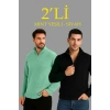 ERKEK FİTİLLİ TRİKO KAZAK 2’Lİ SET –  MİNT YEŞİLİ & SİYAH, KALIN DOKUMA PAMUKLU REGULAR FİT V YAKA FERMUARLI UZUN KOLLU RAHAT KIŞLIK KAZAK KOMBİNİ