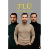 Erkek Fitilli Triko Kazak 3lÜ Set Bej Haki Siyah Regular Balıkcı Yaka Tam Boğazlı Triko Seti Modeli Kazak