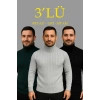 Erkek Fitilli Triko Kazak 3lÜ Set Gri Haki Siyah Regular Balıkcı Yaka Tam Boğazlı Triko Seti Modeli Kazak