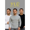Erkek Fitilli Triko Kazak 3lü Set Beyaz Gri Siyah Regular Fit Bisiklet Yaka Triko Seti Kazak Modeli