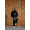 Erkek Kapüşonlu Eşofman Takım Graffiti Baskılı Oversize Rahat Kalıp, Kanguru Cepli, Streetwear Tarzında Premium Ürün 3 iplik Pamuklu - Siyah