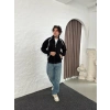 Erkek Oversize Dik Yaka Fermuarlı Sweatshirt - Zincir Nakışli Kanguru Cepli - Siyah