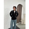 Erkek Oversize Dik Yaka Fermuarlı Sweatshirt - Zincir Nakışli Kanguru Cepli - Siyah
