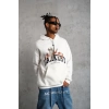 Erkek Oversize Kapüşonlu Sweatshirt – Beyaz Renk Üç İplik İçi Pamuklu Kanguru Cepli Baskılı Hoodie Rahat Kalıp Kışlık Günlük Kombinlere Uygun - Beyaz
