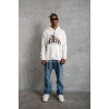Erkek Oversize Kapüşonlu Sweatshirt – Beyaz Renk Üç İplik İçi Pamuklu Kanguru Cepli Baskılı Hoodie Rahat Kalıp Kışlık Günlük Kombinlere Uygun - Beyaz