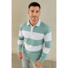 Erkek Polo Yaka Uzun Kollu Çizgili Sweatshirt Trend Rugby Stil - Çağla Yeşili