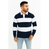 Erkek Polo Yaka Uzun Kollu Çizgili Sweatshirt Trend Rugby Stil - Lacivert