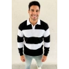 Erkek Polo Yaka Uzun Kollu Çizgili Sweatshirt Trend Rugby Stil - Siyah