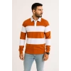 Erkek Polo Yaka Uzun Kollu Çizgili Sweatshirt Trend Rugby Stil - Turuncu