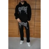 Erkek Premium Taş Baskılı Eşofman Takım Revenge Model (Siyah) Kapüşonlu Üst + Taşlı Baskılı Alt Modern Streetwear Tarzı Oversize Rahat Kalıp 3 iplik Pamuklu - Siyah