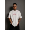 Erkek Oversize Tişört – Beyaz 24/1 Penye Kumaş, Bisiklet Yaka, Ön & Arka Baskılı, Streetwear Tarzı Rahat Büyük Kalıp T-Shirt- Beyaz