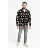 Erkek Tam Fermuarlı Desenli Polar Sweat – Siyah Multicolor Figür Desen Yakalı, Uzun Kollu, Oversize Rahat Kalıp- Siyah