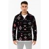 Erkek Yarım Fermuarlı Desenli Polar Sweat Tribal Etnik Desen Yakalı, Uzun Kollu, Oversize Rahat Kalıp, - Siyah