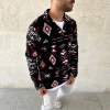 Erkek Yarım Fermuarlı Desenli Polar Sweat Tribal Etnik Desen Yakalı, Uzun Kollu, Oversize Rahat Kalıp, - Siyah