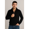 Erkek Yarım Fermuarlı Triko Kazak – Selanik Örgü, Dik Yaka, Pamuklu Dokuma, Regular Fit Uzun Kollu Kışlık Model - Siyah