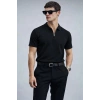 Erkek Yarın Fermuarlı Slim Fit Kısa Kollu Triko Tişört Siyah