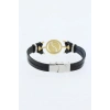 Gold Renk Yin Yang Figürlü Metal Aksesuarlı Siyah Renk Deri Erkek Bileklik