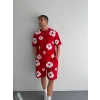 İki İplik Kumaş Baskılı T-shirt Şortlu Takım- Kırmızı