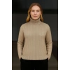 Kadın Balıkcı Yaka Bağazlı Triko Kazak Pamuklu Kalın Fitilli Dokuma - Bej