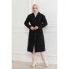 Kadın Kaşe Kaban – Uzun Boy Kruvaze Yaka, Kuşaklı Tesettür Kışlık Kaban, Astarlı Şık Yünlü Dokuma Oversize Rahat Kalıp, Cepli Modern Kaşe Mont Modeli - Siyah